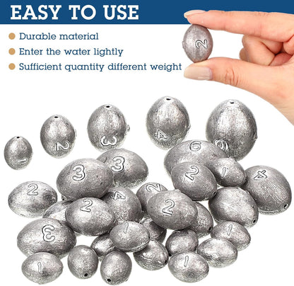 33 Pcs Egg Fishing Sinker Weights Kit Rig Fishing Egg Sinker Weights Drop Bass Fishing Sinker Saltwater Fishing Sinkers Bass Fishing Casting in 1 Oz, 2 Oz, 3 Oz, 4 Oz, 6 Oz