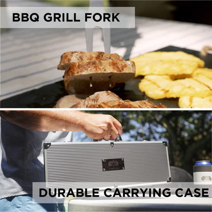 BBQ Grill Accessories Set, 3-Piece Stainless Steel Grilling Tools with Aluminum Case, Grill Tongs, Grill Fork & Grill Spatula