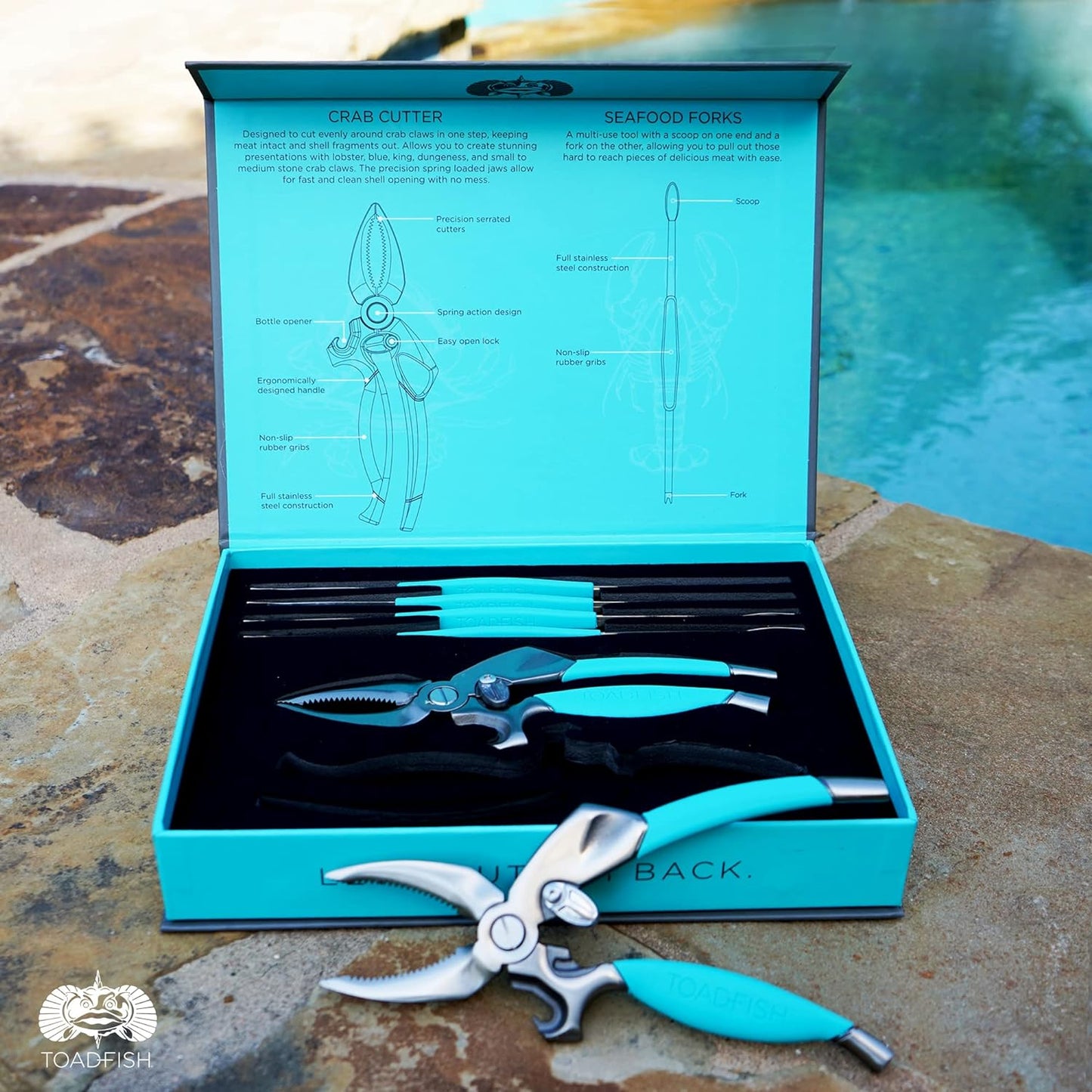 Crab & Lobster Seafood Tool Set - 2 Shell Crackers with Cutters & 4 Multi-Use Forks - Non-Slip Grips - Stainless Steel - Built-In Bottle Opener - Makes a Beautiful Gift