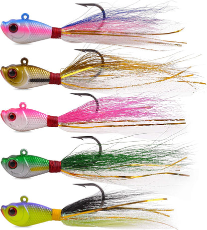 Bucktail Jigs Saltwater Fluke Lures,3/5Pcs Bucktail Hair Jigs Head Fishing Lure Baits Assorted Kit for Bass Striper Bluefish Surf Fishing 1/4Oz 1/2Oz 1Oz 1.5Oz 2Oz