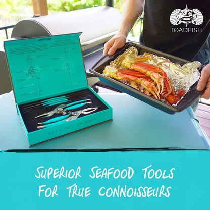 Crab & Lobster Seafood Tool Set - 2 Shell Crackers with Cutters & 4 Multi-Use Forks - Non-Slip Grips - Stainless Steel - Built-In Bottle Opener - Makes a Beautiful Gift