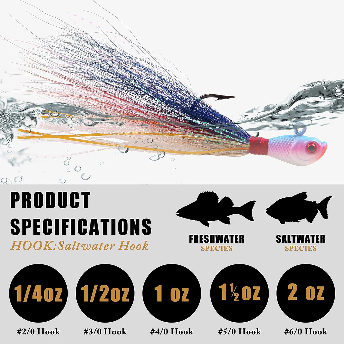 Bucktail Jigs Saltwater Fluke Lures,3/5Pcs Bucktail Hair Jigs Head Fishing Lure Baits Assorted Kit for Bass Striper Bluefish Surf Fishing 1/4Oz 1/2Oz 1Oz 1.5Oz 2Oz